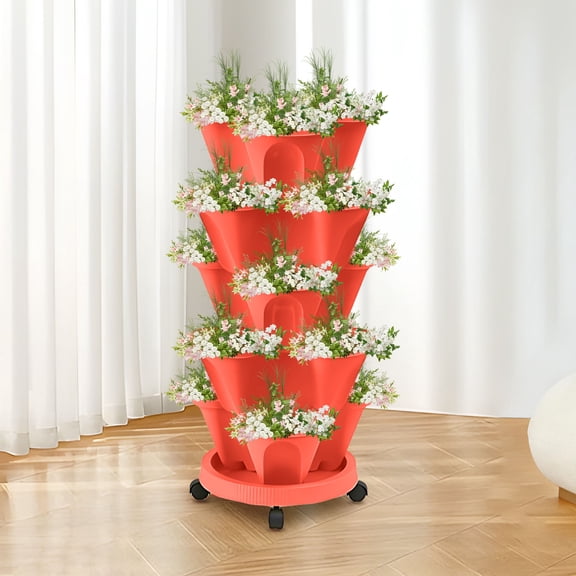 VAJUSO Stackable Strawberry Planter, Red Plastic Vertical Three-Petal Planting Basin
