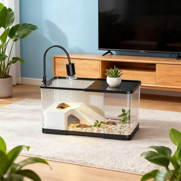 VAJUSO Turtle Tank Kit – Aquarium & Terrarium for Small Reptiles with Basking LED Heat Lamp and Decorative Habitat