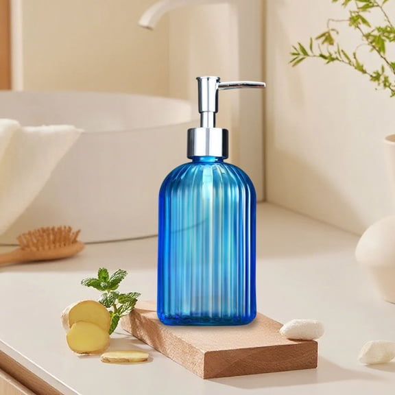 JUSEO Vertical Stripe Soap Dispenser Bottle Colored Hand Soap Bottle, 400 ml, Blue Bathroom Decor
