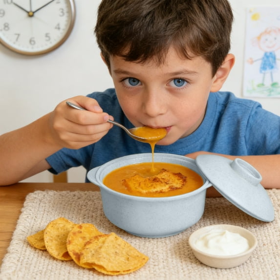VAJUSO Wheat Straw Soup Bowl with Lid, Double-Handle Bowl, Blue Storage and Organization