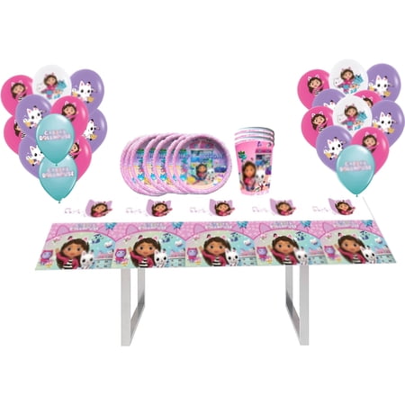 VAK Gabby Party Supply Set with 16 Latex Balloons, 8 Cups, 8 Plates, 1 Tablecloth