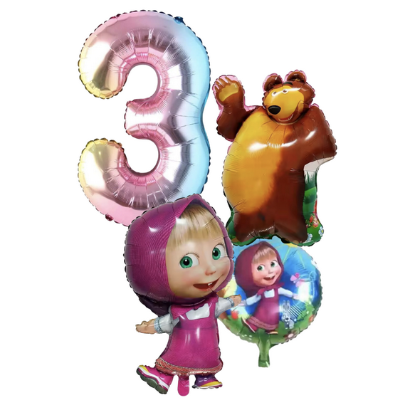 VAK Masha Bear Balloons Foil Balloon Set, Purple & Gold, 4 Piece