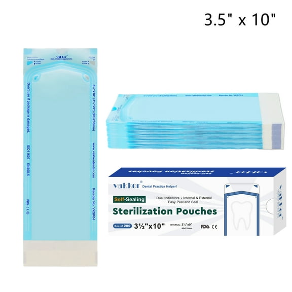 VAKKER Dental Medical Grade Self Seal Sterilization Pouches VKSP04 Autoclave Pouch for Dental Tools Tattoo Nail (3.5" x 10", 200pcs)