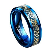 VAKKI 8mm Blue Carbon Fiber Inlay Tungsten Carbide Celtic Dragon Rings for Men Wedding Band Beveled Edge Size 5-14