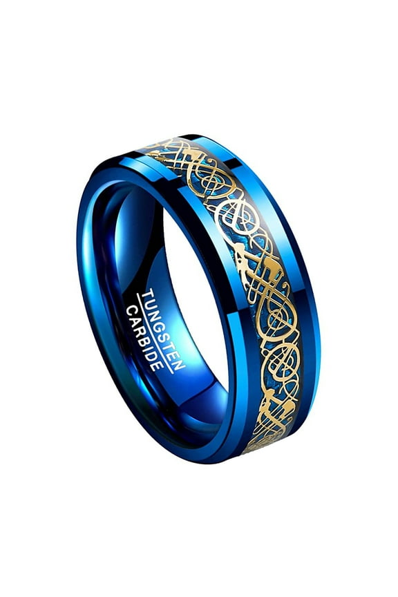8mm Blue Carbon Fiber Inlay Tungsten Carbide Celtic Dragon Rings for Men Wedding Band Beveled Edge Size 5-14
