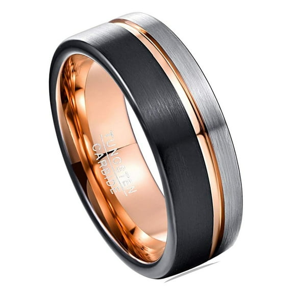 VAKKI 8mm Rose Gold Groove Tungsten Rings Black Brushed Finish Two/Three-Tone Wedding Bands for Men Women