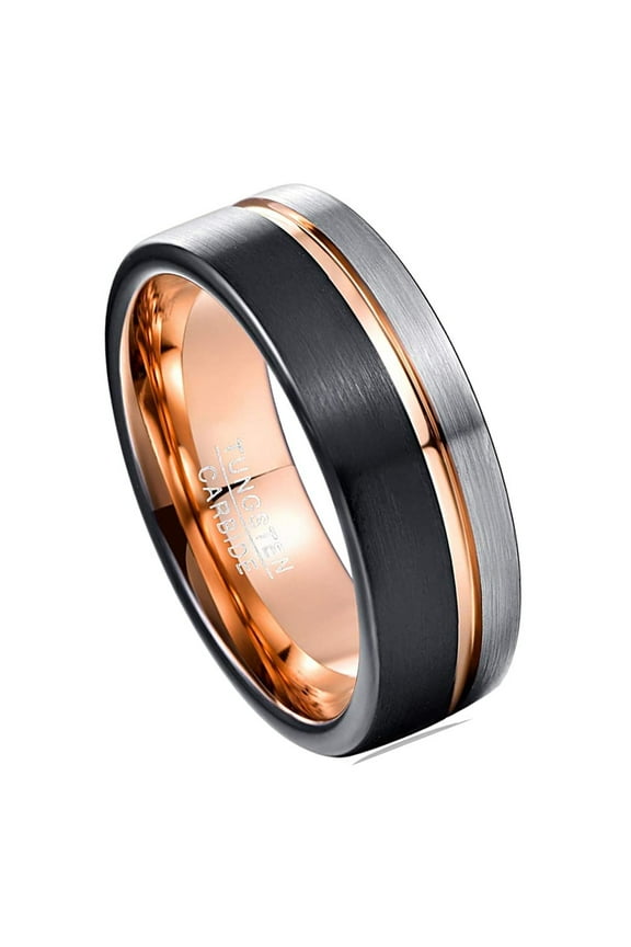 8mm Rose Gold Groove Tungsten Rings Black Brushed Finish Two/Three-Tone Wedding Bands for Men Women