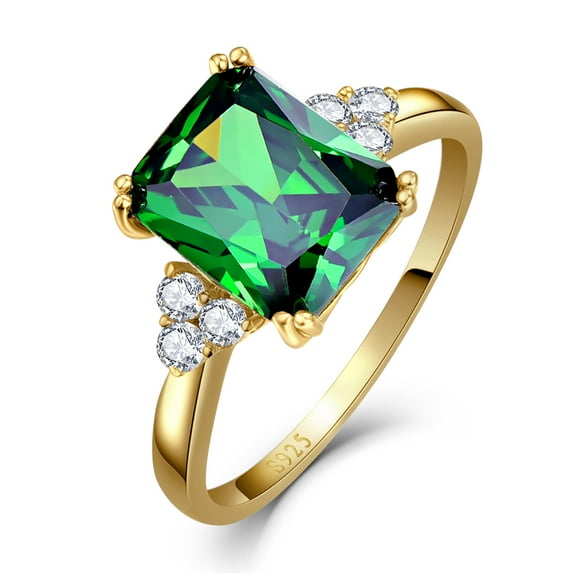 VAKKI 925 Sterling Silver 14K Gold Plated Emerald Cut Emerald Ring Birthstone Rings Size 5-10
