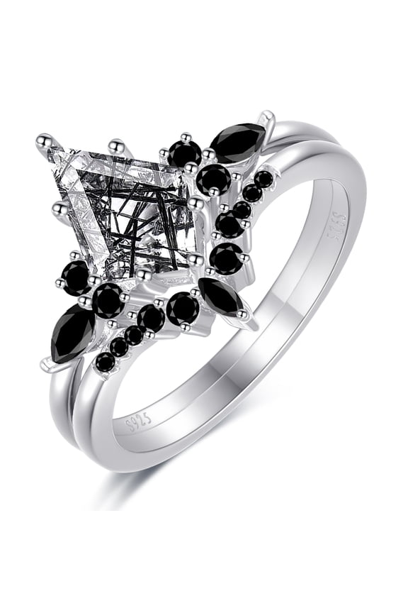Black Quartz Rutilated Rings Set for Women - Kite Cut Engagement Rings 925 Sterling Silver Ring for Women Size 5-9