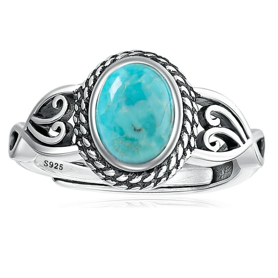 VAKKI Oval Turquoise Adjustable Rings for Women 925 Sterling Silver Vintage Statement Rings