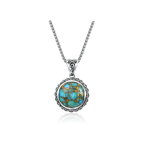VAKKI 925 Sterling Silver Turquoise Necklace Women's Heart Edge Round Pendant Necklace with 18" Cable Chain
