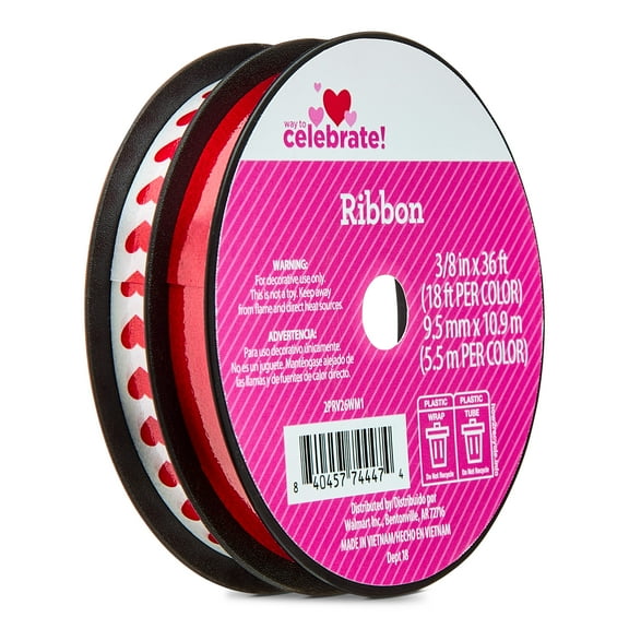 Hearts and Solid Color Ribbons, Red and White, 3/8" x 36', 2 Count, Valentine's Day by Way To Celebrate