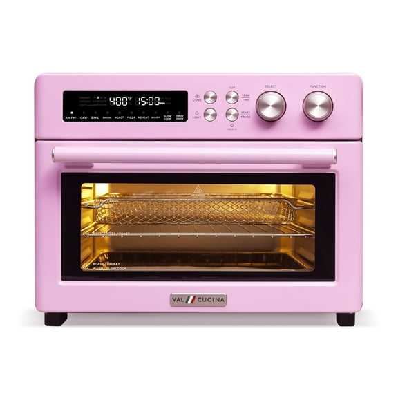VAL CUCINA Retro Style Infrared Heating Air Fryer Toaster Oven, Extra Large Countertop Convection Oven 10-in-1 Combo, 6-Slice Toast, Enamel Baking Pan Easy Clean with Recipe Book, Pink Color