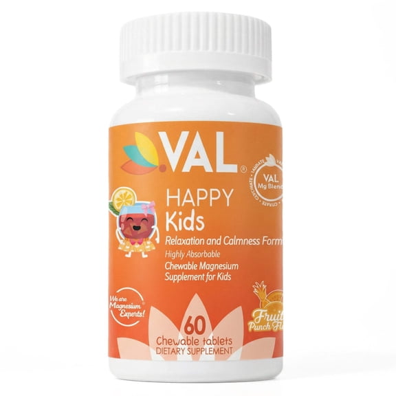 Calm, Focus Relaxation Sugar-Free Chewable Magnesium for Kids | 60 Tablets | VAL Happy Kids | Fruit Punch
