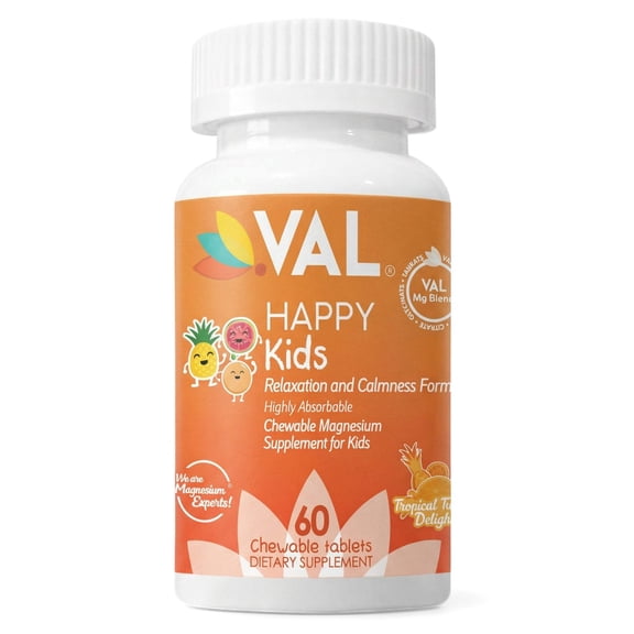 Calm, Focus Relaxation Sugar-Free Chewable Magnesium for Kids | 60 Tablets | VAL Happy Kids | Tropical Twist