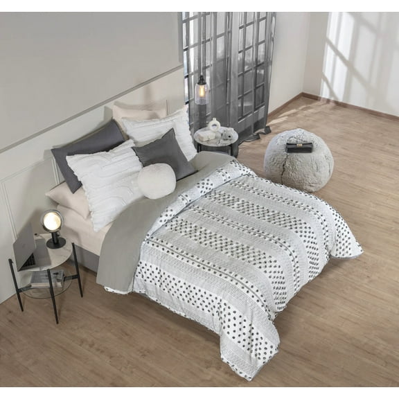 VALENCIA GRAY COLOR SOFT POMPOMS REVERSIBLE DUVET COVER TWIN SIZE MADE IN MEXICO