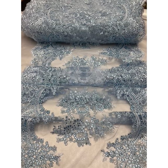 VALENTINA TEXTILE INC Sequin lace Fabric with Embroideries on mesh (1 Yard, Baby Blue) VT-14