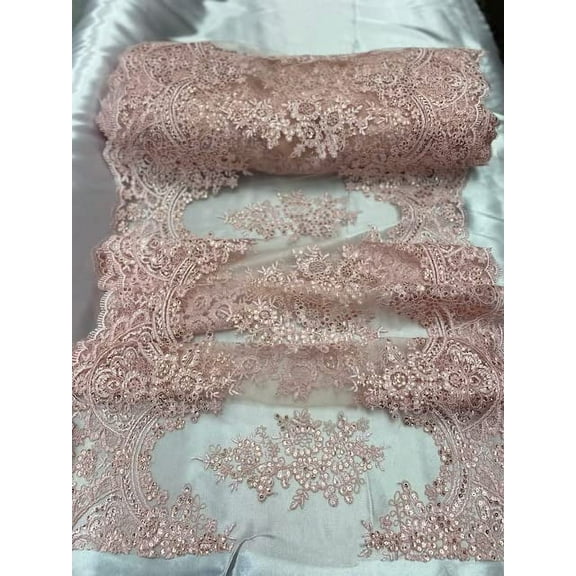 VALENTINA TEXTILE INC Sequin lace Fabric with Embroideries on mesh (1 Yard, Blush) VT-14