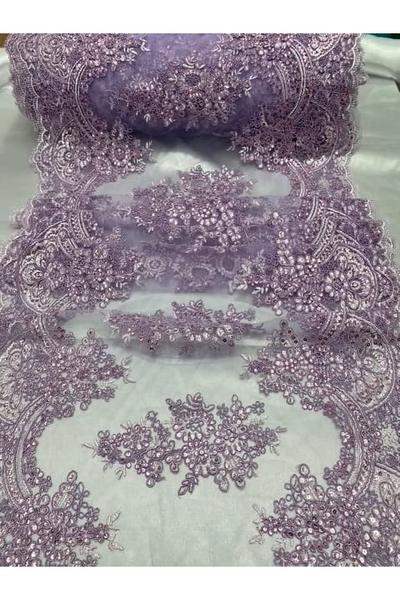 INC Sequin lace Fabric with Embroideries on mesh (1 Yard, Lilac) VT-14