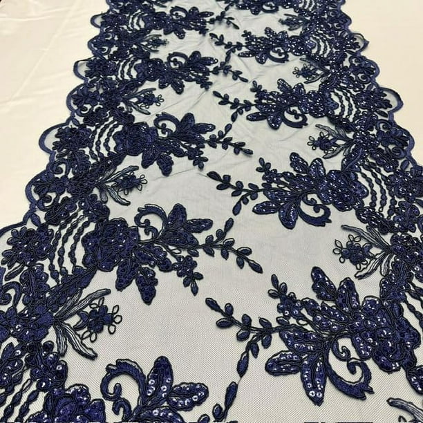 VALENTINA TEXTILE INC Sequin lace Fabric with Embroideries on mesh VT-18(3 Yard,Navy )