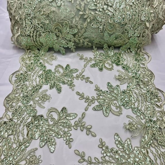 VALENTINA TEXTILE INC Sequin lace Fabric with Embroideries on mesh VT-18(3 Yard,Sage )