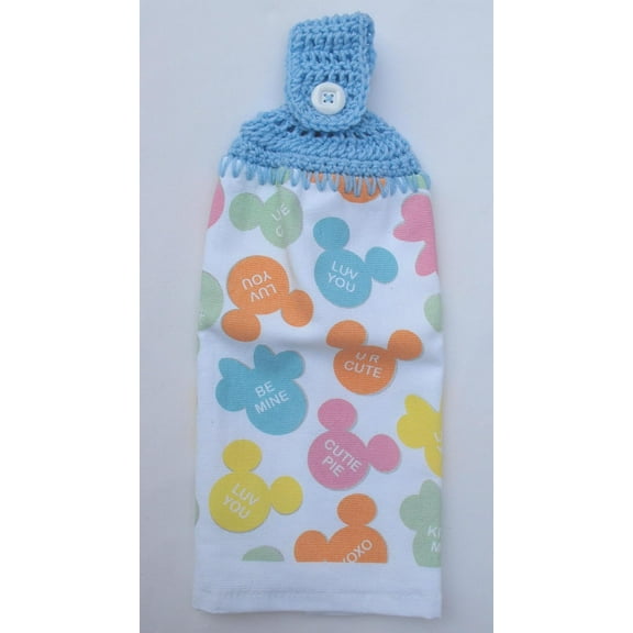 VALENTINE CANDY HEARTS - MICK & MINN FACE - DOUBLE THICK/FULL CROCHET TOP HANGING KITCHEN TOWEL