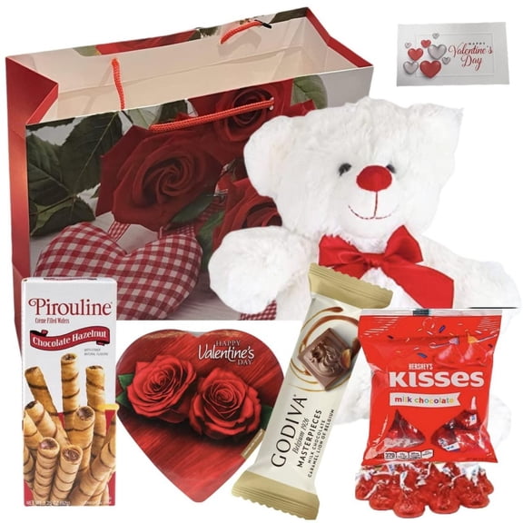 VALENTINE DAY GIFT Basket Set | Teddy Bear Plush(COLOR VARYS), Hershey Kisses (Red or Pink) Chocolate, Pirouline ( Dark/Hazelnut) Chocolate Wafers , Heart-Shaped Elmer Chocolate, Godiva Caramel Milk