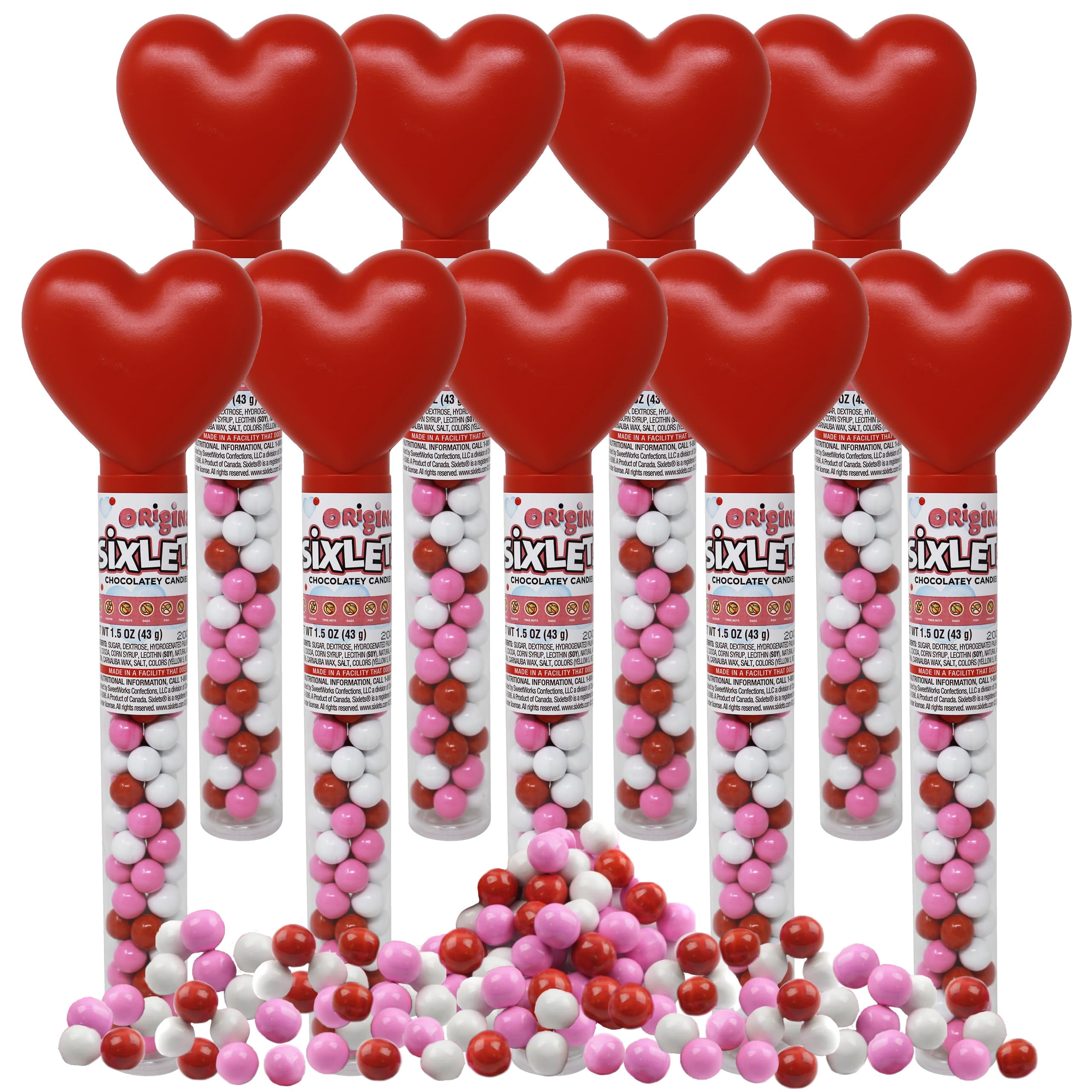 VALENTINE'S DAY Sixlets Candy, 9 Count Candy Filled Heart Topped Tubes with Pink, Red, White Candy Covered Chocolate Balls, For Classroom Exchange, Valentine's Gift for Kids, 1.8 Oz Each