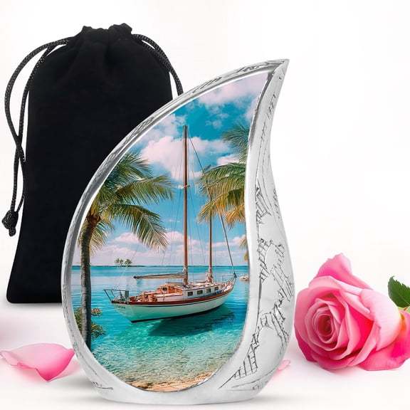 VALERASH 10 inch large boat urn - beach memorial urns for human ashes adult male & female blue teardrop cremation urn for ashes for women- 10 Inch