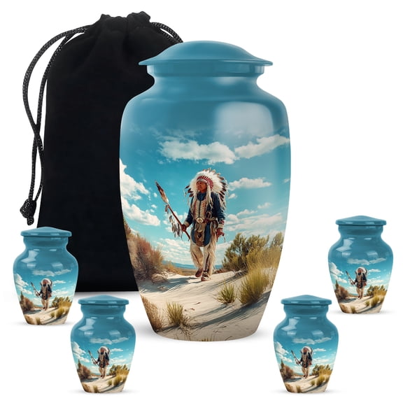 VALERASH American Native Urn for Ashes Adult Male - Blue Memorial Urns for Adult Male Pink Flower Cremation Urn for Ashes for Women - 10" & 4 Small