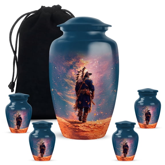 VALERASH American Native Urn for Ashes Adult Male - Pink Flower Memorial Urns for Human Ashes Adult Women Blue Urn for Women - 10" & 4 Small