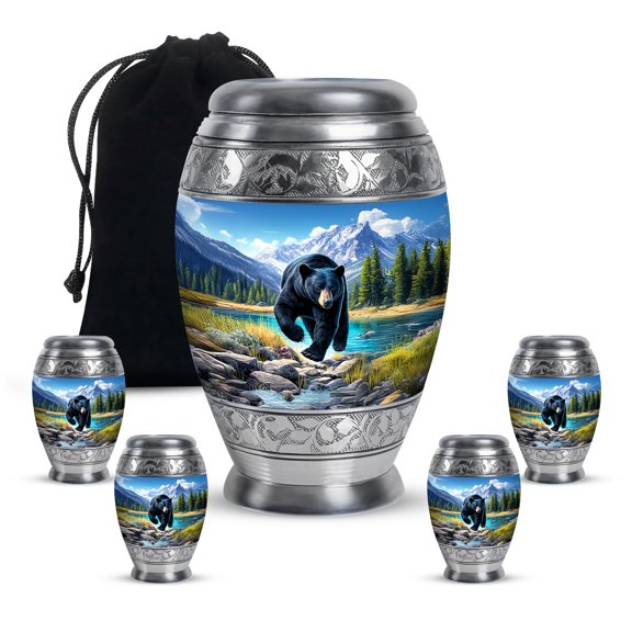 VALERASH Bear Cremation Urns for Adult Ashes Women 1 Large 4 Keepsake - Blue Burial Urns for Human Ashes Adult Man - Wilderness Memorial Urn for Mom - 10 & 3 Inch