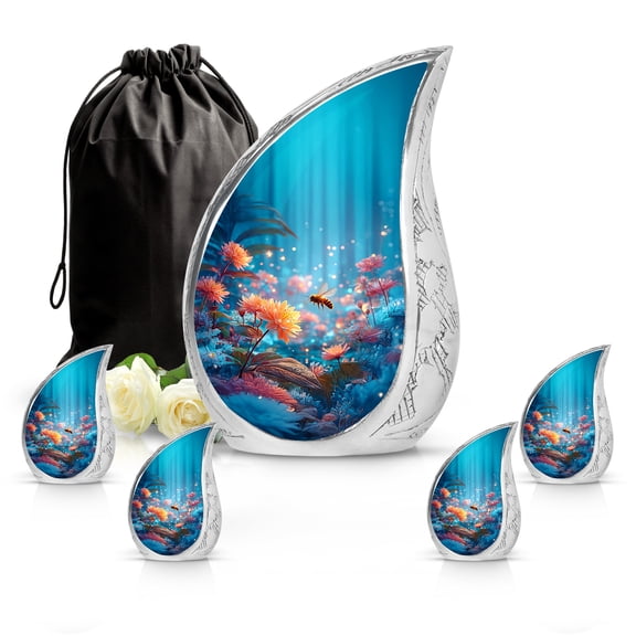 VALERASH Bee Cremation Urn for Ashes for Women & Man Set of 1 Large & 4 Mini Drop Urn - Blue Teardrop Memorial Urns for Adult Male - 10 & 3 Inch