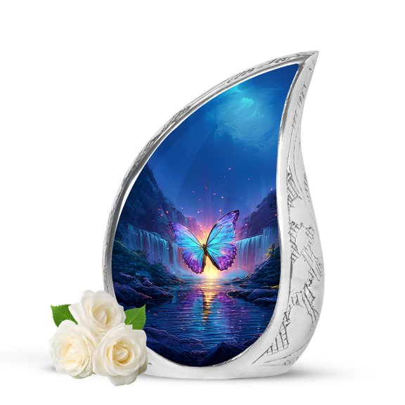 VALERASH Blue Butterfly Tear Drop Small Urns for Human Ashes Keepsake - Keepsake Waterfall Urn for Ashes for Women & Man- 3 Inch