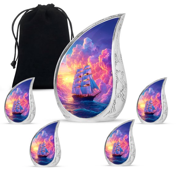 VALERASH Boat Cremation Urns for Human Ashes Adult Male & Female Set of 1 Large & 4 Small Drop Urn - Pink Memorial Urn for Ashes for Women & Man - 10 & 3 Inch