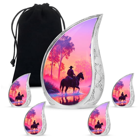 VALERASH Cowboy Teardrop Cremation Urns for Human Ashes Adult Female & Male Set of 1 Large + 4 Small Drop Memorial Urn for Ashes for Women & Man - Pink Drop Funeral Urn for Mom & Dad - 10 & 3 Inch