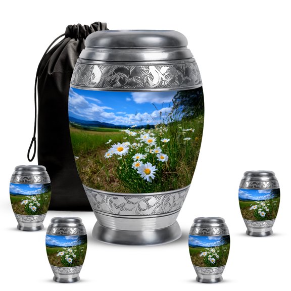 VALERASH Daisy Memorial Urns for Human Ashes Adult Female Set of 5 - Blue Funeral Urns for Adult Male - Landscape Cremation Urn for Mother 1 Large & 4 Keepsake - 10 & 3 Inch