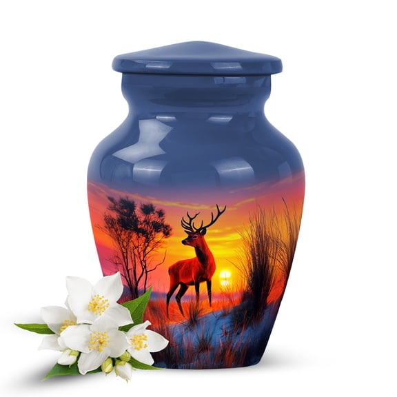 VALERASH Deer Keepsake Urn 3 Inch – Mini Blue Memorial Urns for Human Ashes – Small Decorative Sunset Cremation Urns for Sharing – Gift for Family Remembrance - Keepsake Baby Urn- 3 Inch