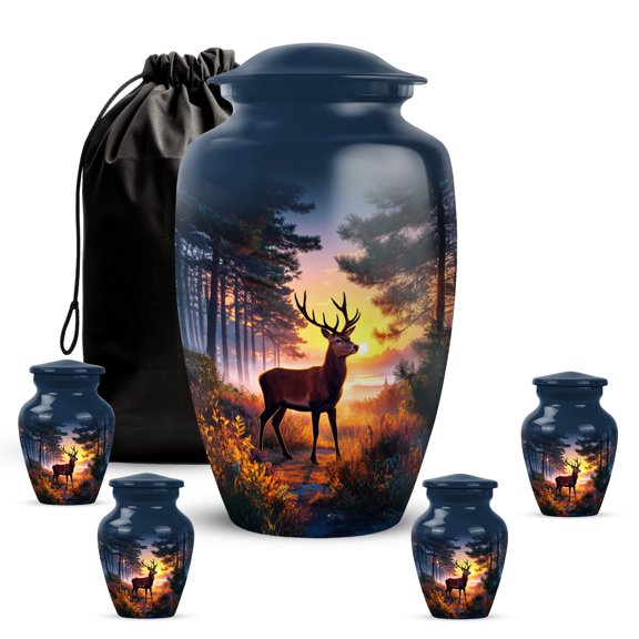 VALERASH Deer Memorial Urn for Ashes for Women & Man Set of 1 Large & 4 Keepsake, Decorative Sunset Urn for Family Sharing Combo for Funeral & Home Tribute - 10" & 4 Small