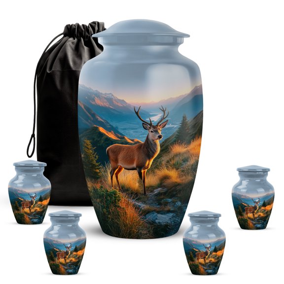 VALERASH Deer Urn for Ashes Adult Male & Female Set of 5 – Blue Memorial Urn for Ashes for Women & Man - Sunset Urn for Mother & Father 10 & 3 Inch ( 1 Large & 4 Keepsake )- 10" & 4 Small