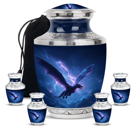 VALERASH Dragon Cremation Urns for Adult Ashes Women 1 Large 4 Keepsake - Blue Burial Urns for Adult Man - Memorial Funeral Gift for Mom & Dad - 10 & 3 Inch