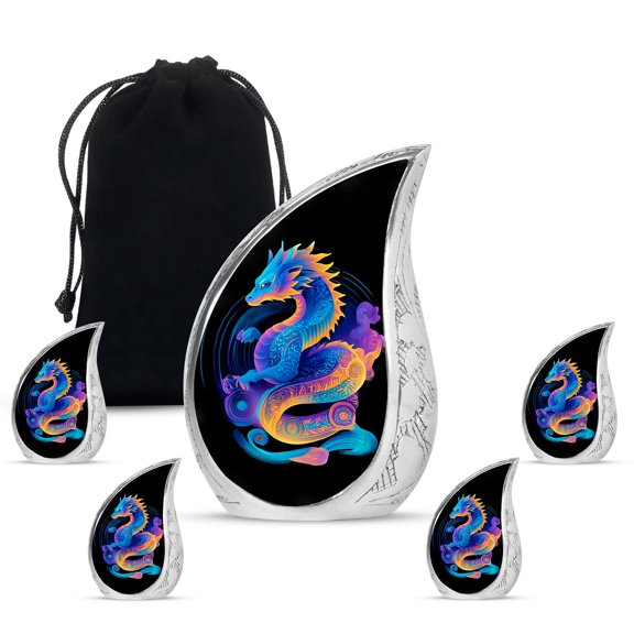 VALERASH Dragon Memorial Urns for Adult Male Set of 1 Large & 4 Keepsake - Black Teardrop Cremation Urn for Ashes for Women Funeral Urn - 10 & 3 Inch