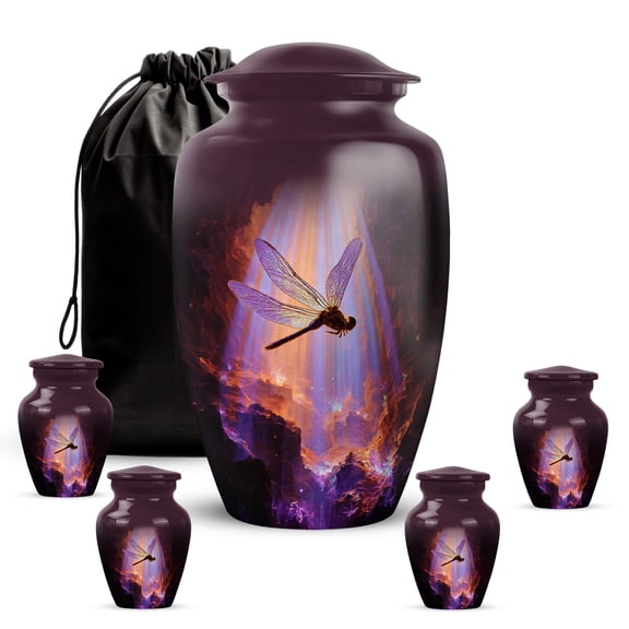 VALERASH Dragonfly Cremation Urns for Human Ashes Adult Male - Purple Burial Urn for Ashes for Women Memorial Funeral Urns for Mom & Dad 1 Large & 4 Keepsake - 10" & 4 Small