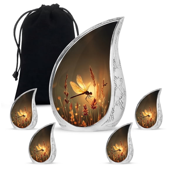 VALERASH Dragonfly Teardrop Cremation Urns for Human Ashes Adult Female & Male Set of 1 Large & 4 Keepsake Drop Urn - Brown Funeral Urns for Adult Male - 10 & 3 Inch