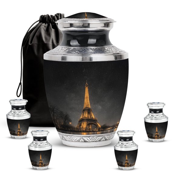 VALERASH Eiffel Tower Cremation Urns for Adult Ashes Men - Black Funeral Urn for Ashes for Women - Memorial Urns for Adult Male 1 Large 4 Keepsake - 10 & 3 Inch