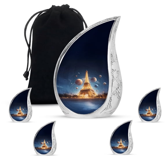 VALERASH Eiffel Tower Funeral Urns for Adult Male - Blue Drop Urn for Ashes for Women Galaxy Funeral Urn for Adults Set of 1 Large & 4 Keepsake - 10 & 3 Inch