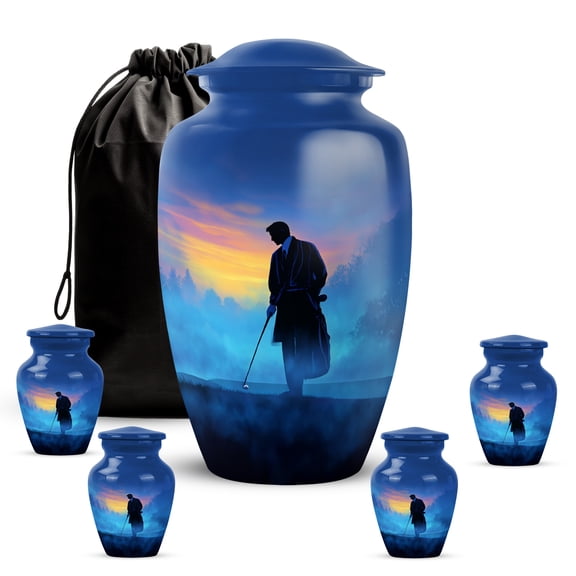 VALERASH Golf Ball Memorial Urn for Ashes for Women 1 Large 4 Keepsake - Blue Funeral Urns for Adult Male Cremation Urn for Mom Dad Decorative Burial Urns for Human Ashes - 10" & 4 Small
