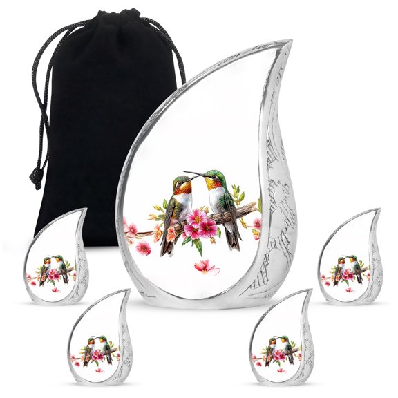 VALERASH Hummingbird Cremation Urns for Human Ashes Set of 1 Large Adult Urn, 4 Keepsake Teardrop Urns for Adult Female & Male - White Urn for Ashes for Women - 10 & 3 Inch