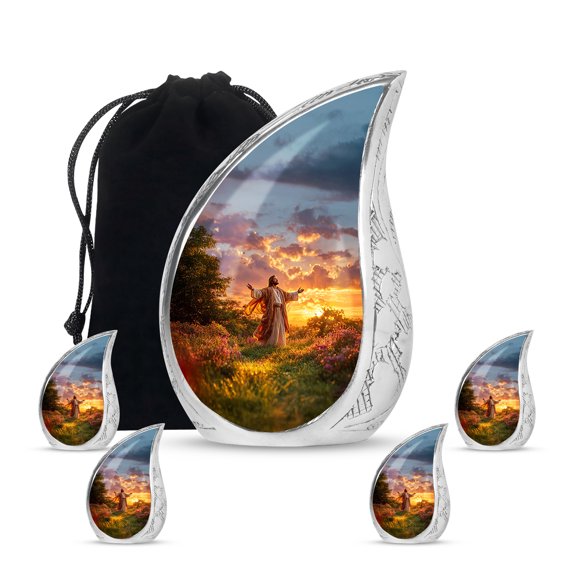 VALERASH Jesus Christ Funeral Urns for Human Ashes - Sunset Teardrop Memorial Urn for Adults Sunset Large Cremation Urn for Mom - 10 & 3 Inch