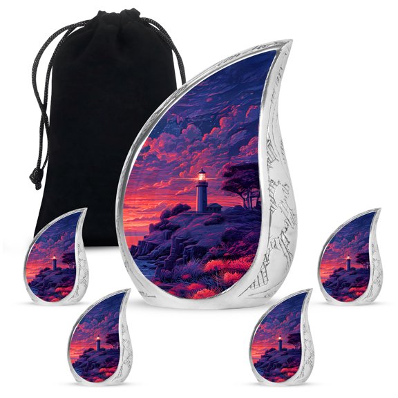 VALERASH Lighthouse Cremation Urn for Human Ashes Adult Male - Sunset Urn for Mother & Father Set of 1 Large & 4 Keepsake Decorative Funeral Urns for Human Ashes Adult Man & Women - 10 & 3 Inch